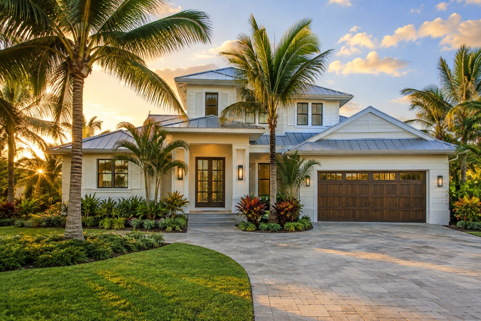 A Florida coastal home with palms in warm evening light