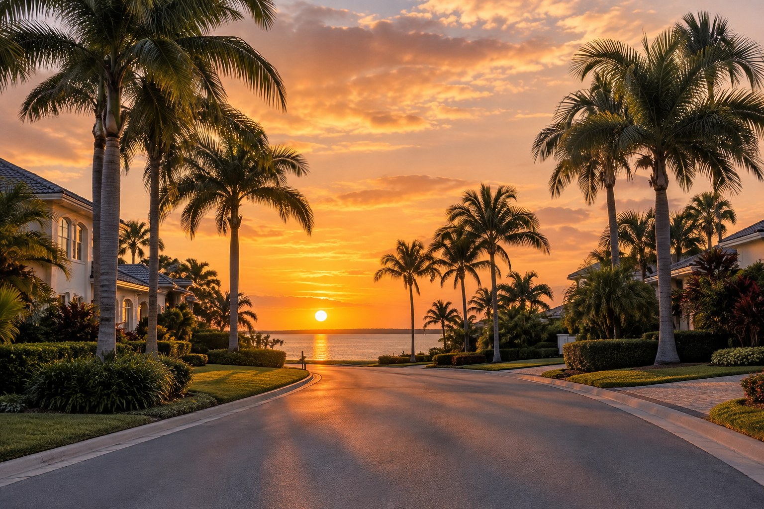 A residential street in Daytona Beach Shores at sunset, illustrative